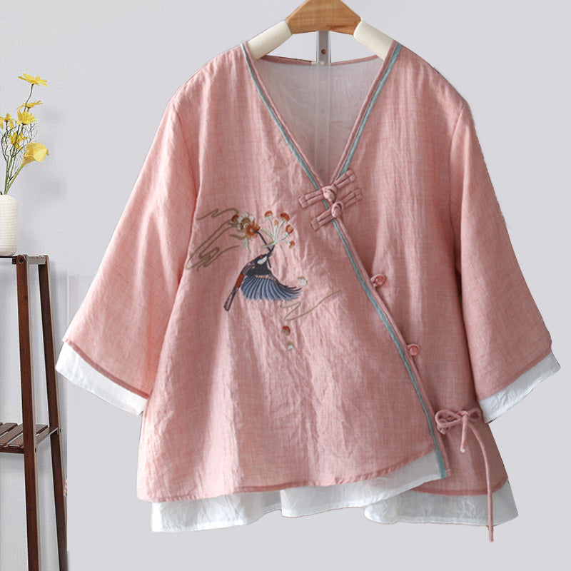 Vintage Bird Embroidery Buckle Shirt - Pink / One Size