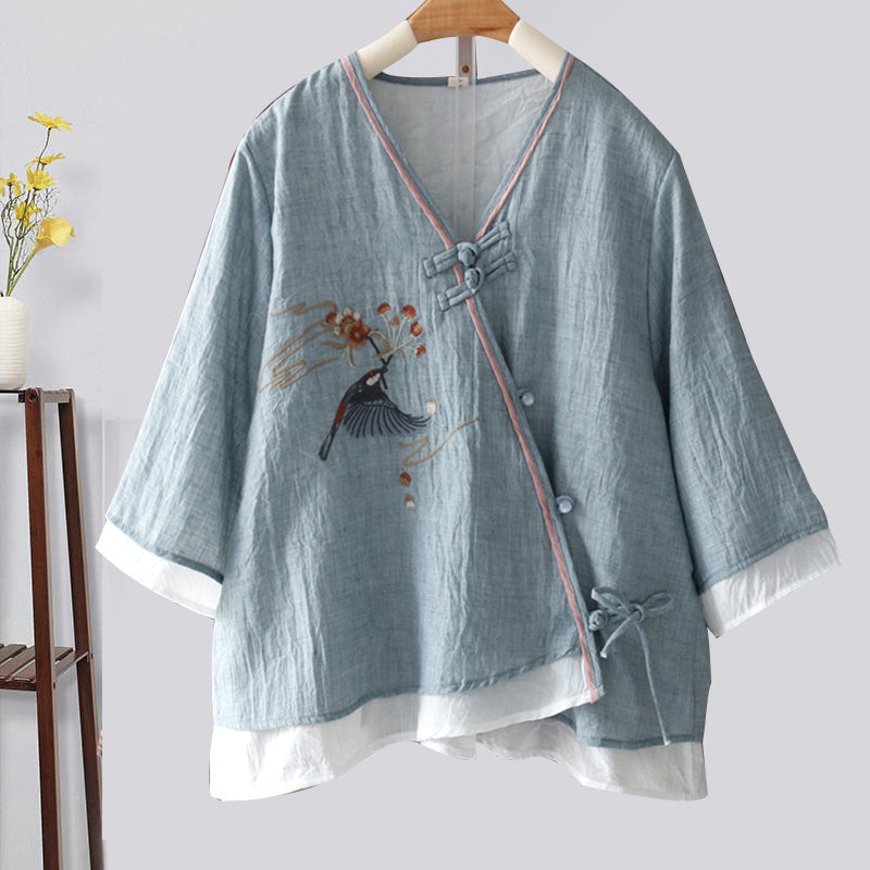 Vintage Bird Embroidery Buckle Shirt - Blue / One Size