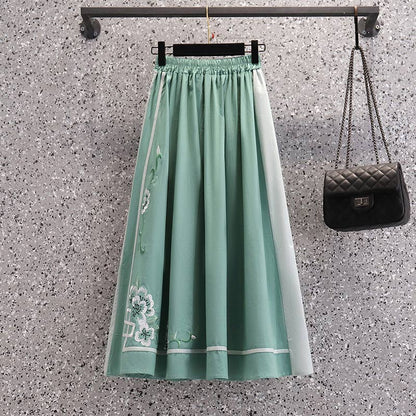 Green Blossom Print Vintage Top Skirt Set - Emerald