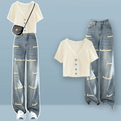 Blossom Button T-Shirt Letter Denim Pants Set modakawa