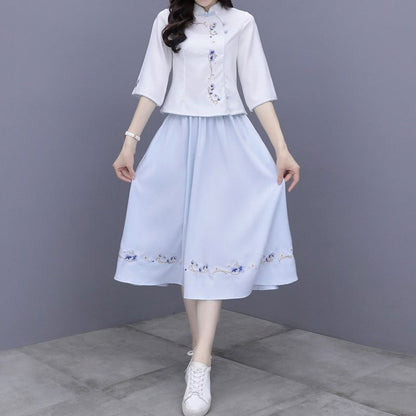 Floral Bow Long Sleeve Vintage Top Skirt Set