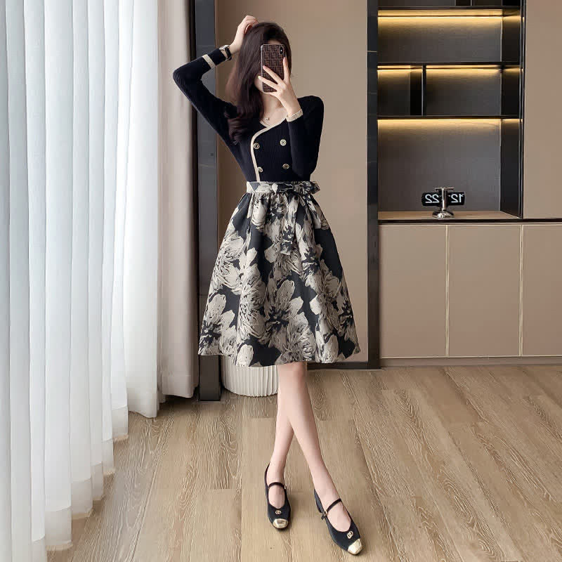 Vintage Black Blossom Print Solid Color Dress