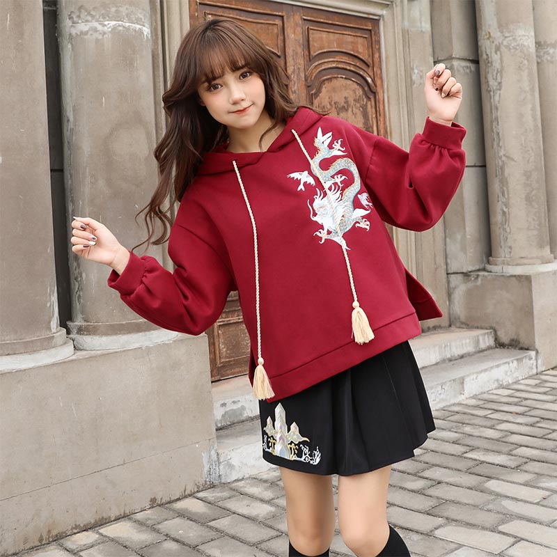 Vintage Dragon Embroidery Hoodie Skirt Set