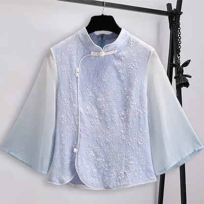 Vintage Hanfu Jacquard Buckle Shirt Pleated Skirt - Blue / M