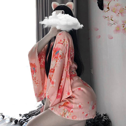 Sakura Floral Vintage Print Kimono Lingerie - Stockings