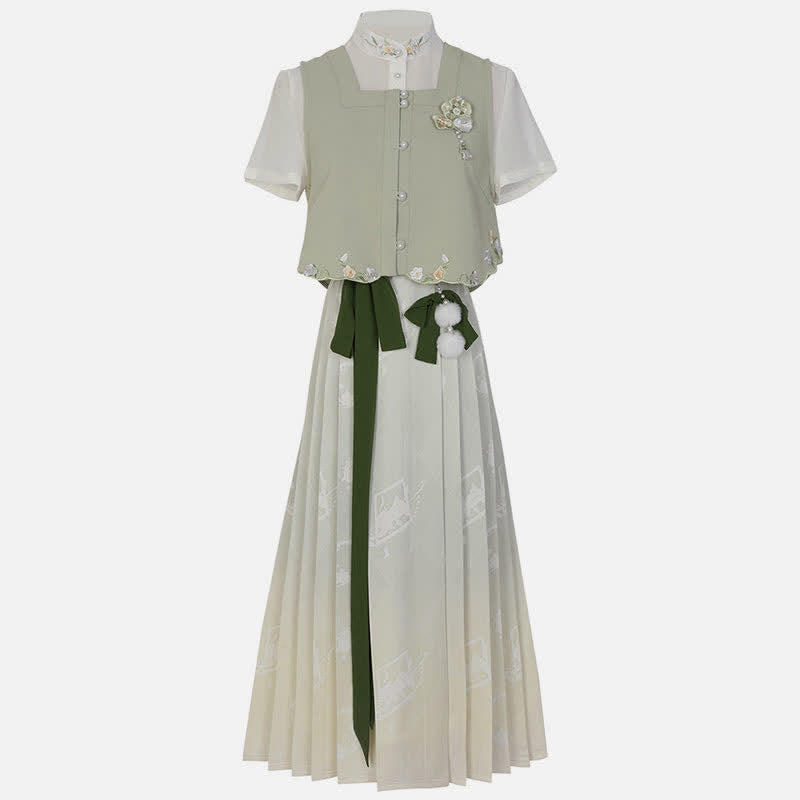 Vintage Vest Chiffon T-Shirt Pleated Skirt - Vest + T-Shirt