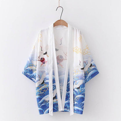 Crane Print Belted Kimono Outerwear Sun Protective - White