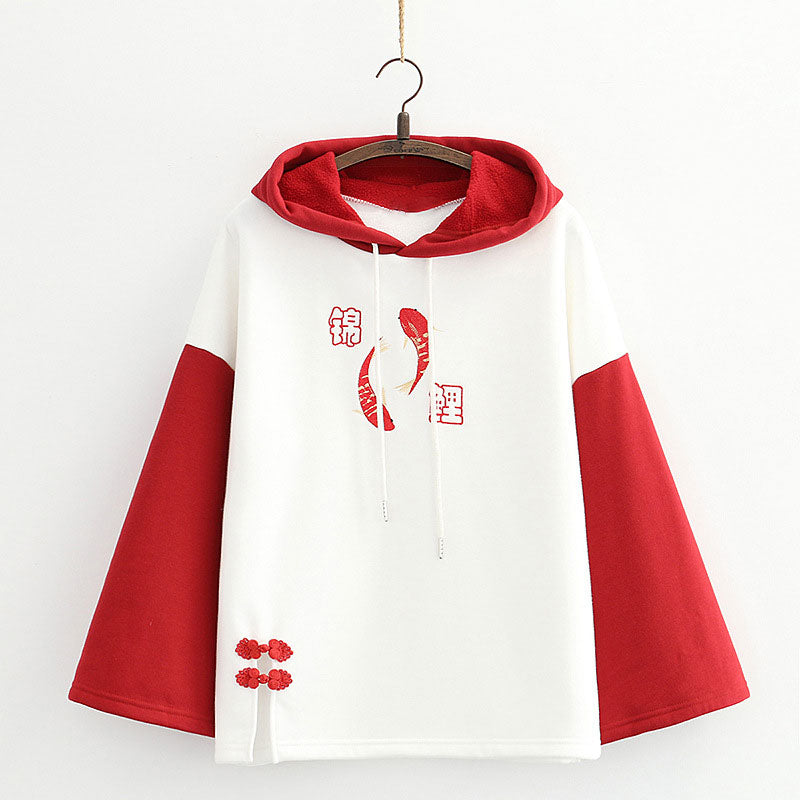 Vintage Red Fish Letter Embroidery Hoodie - White / One Size