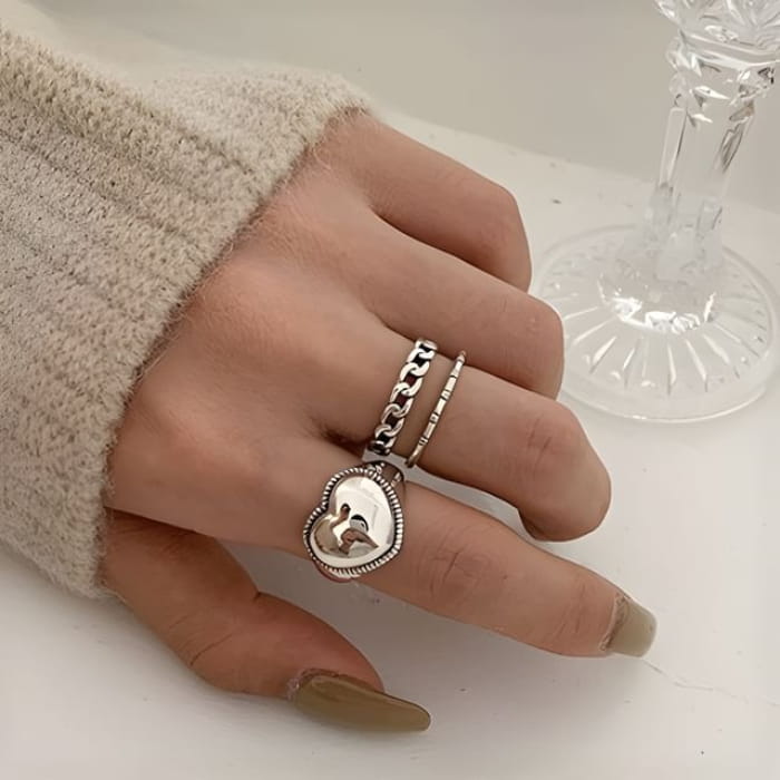 925 Sterling Silver Heart Signet Open Ring / Cutout Chain