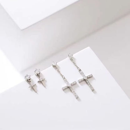 925 Sterling Silver Rhinestone Cross Asymmetrical Drop