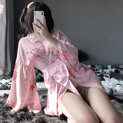 Sakura Mice Print Kimono Bathrobe - Pink / One Size