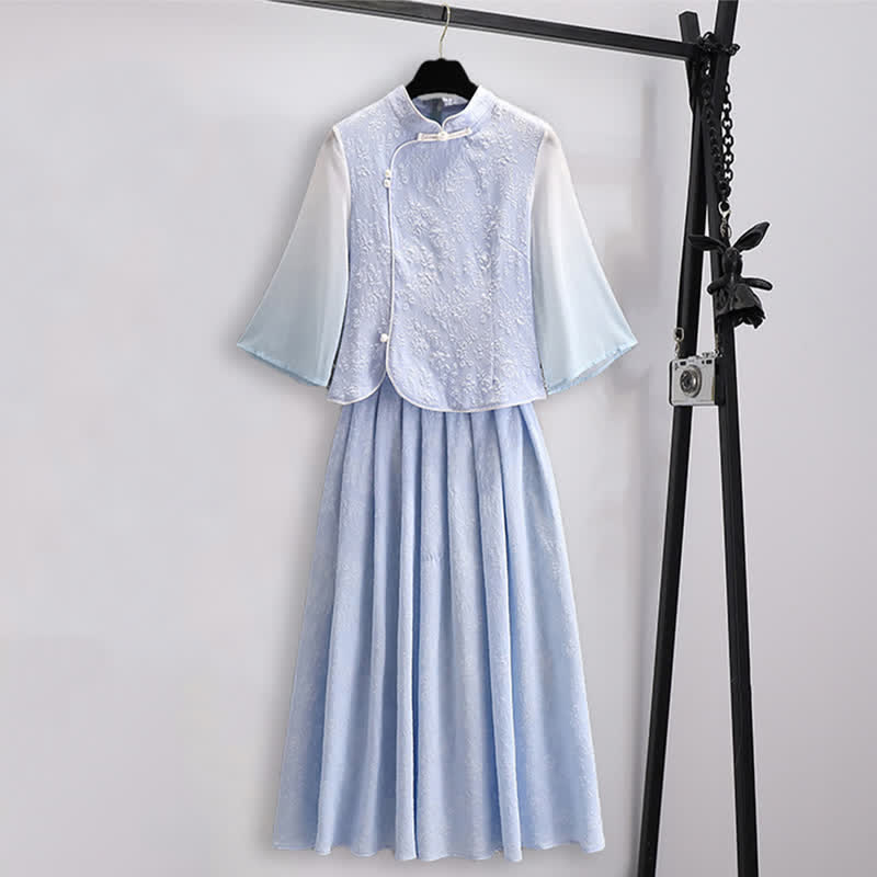 Vintage Hanfu Jacquard Buckle Shirt Pleated Skirt - Blue