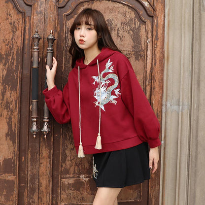 Vintage Dragon Embroidery Hoodie Skirt Set