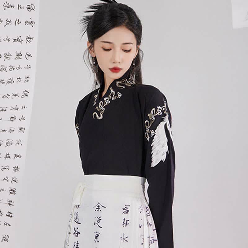 Vintage Crane Embroidery Shirt Character Print Pleated Skirt