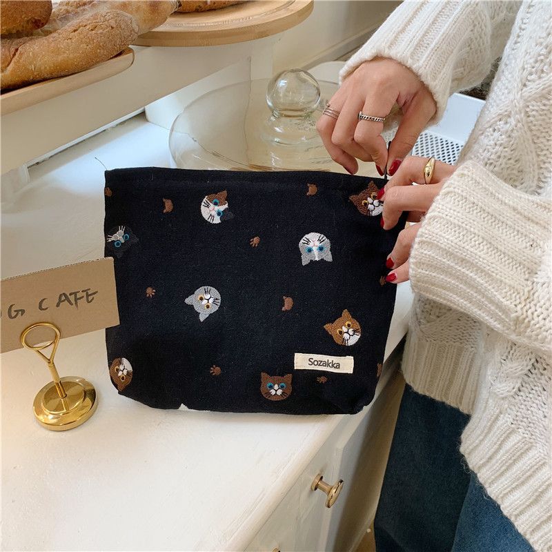 Cat Embroidered Zip Pouch