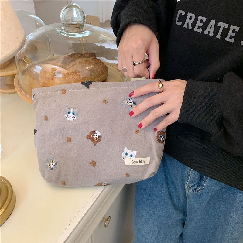 Cat Embroidered Zip Pouch