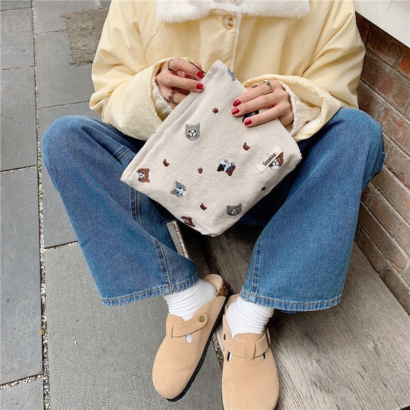 Cat Embroidered Zip Pouch