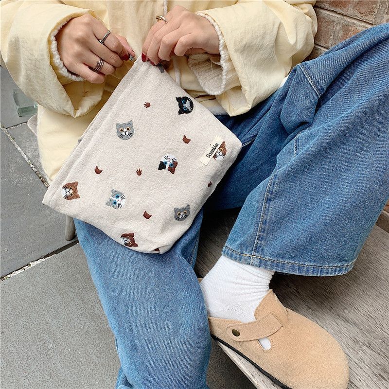 Cat Embroidered Zip Pouch