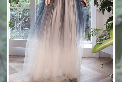 Puff-Sleeve Ombre Mesh A-Line Evening Gown