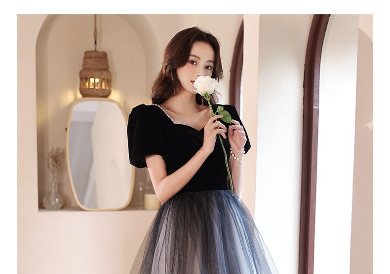 Puff-Sleeve Ombre Mesh A-Line Evening Gown