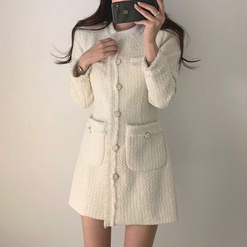 Long-Sleeve Fray Hem Mini A-Line Tweed Dress