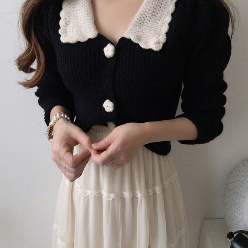 Collared Cardigan / Mesh Midi A-Line Skirt