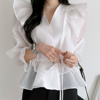 Bell-Sleeve V-Neck Ruffled Blouse