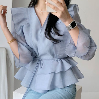 Bell-Sleeve V-Neck Ruffled Blouse