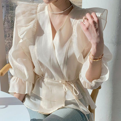 Bell-Sleeve V-Neck Ruffled Blouse