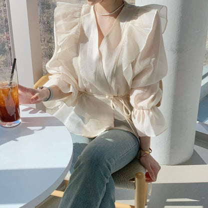 Bell-Sleeve V-Neck Ruffled Blouse