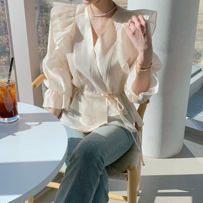 Bell-Sleeve V-Neck Ruffled Blouse