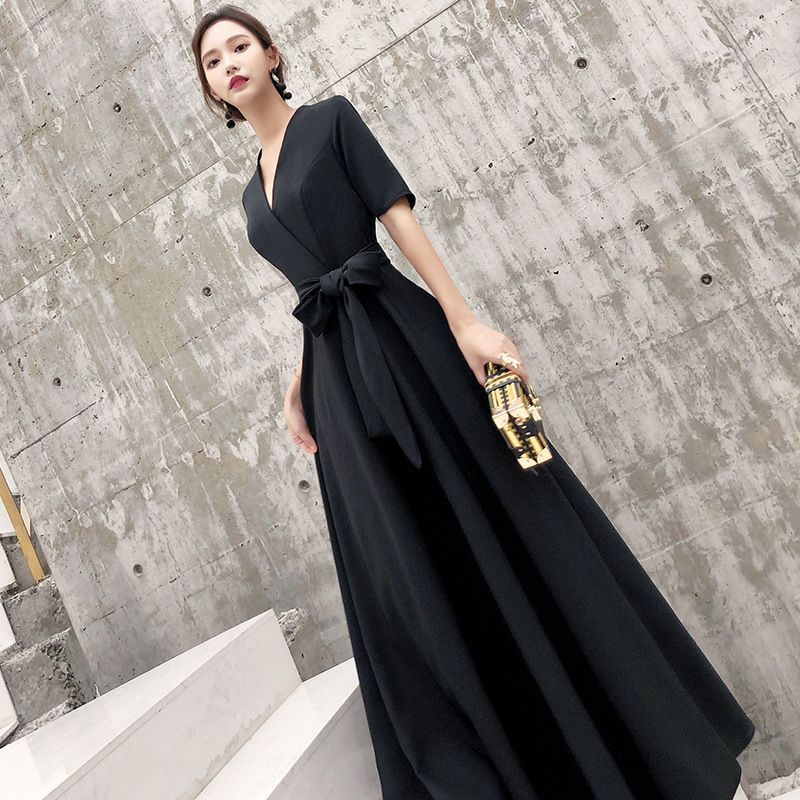 Short-Sleeve Tie-Front A-Line Evening Gown