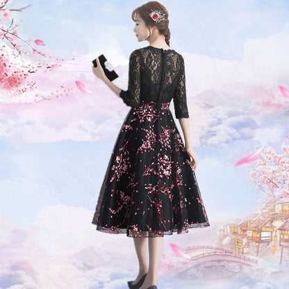 Elbow-Sleeve Floral Embroidered A-Line Lace Cocktail Dress