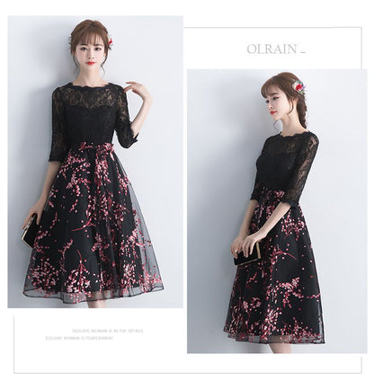 Elbow-Sleeve Floral Embroidered A-Line Lace Cocktail Dress