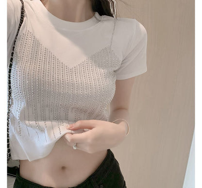 Short-Sleeve Rhinestone Cropped T-Shirt