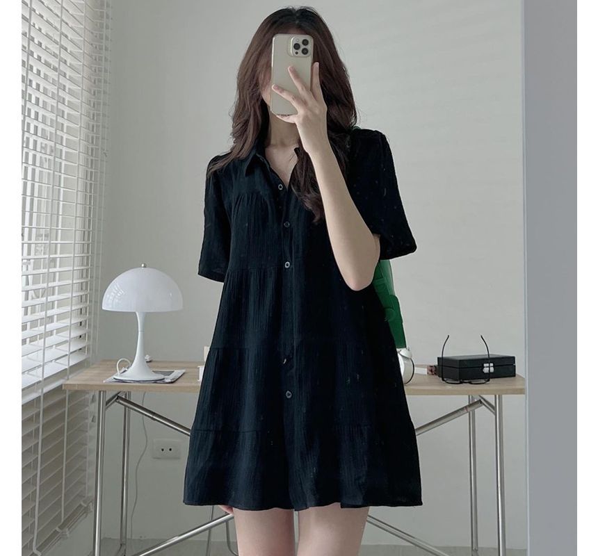 Short-Sleeve Plain Mini A-Line Shirt Dress