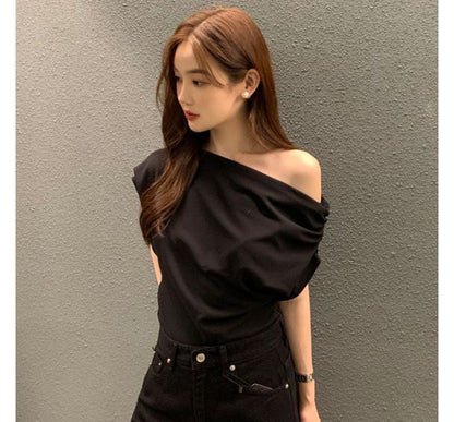 Cap-Sleeve Off-Shoulder Plain Asymmetrical Top