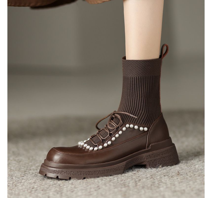 Lace-Up Faux Pearl Short Sock Boots