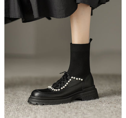 Lace-Up Faux Pearl Short Sock Boots