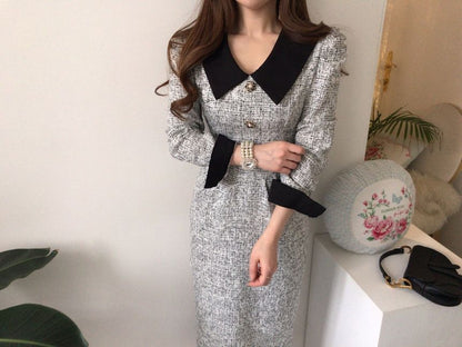 Long-Sleeve Contrast Collar Tweed Midi A-Line Dress