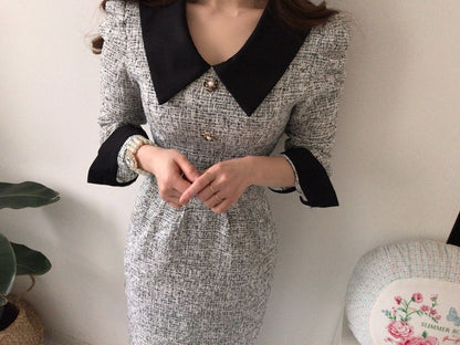 Long-Sleeve Contrast Collar Tweed Midi A-Line Dress