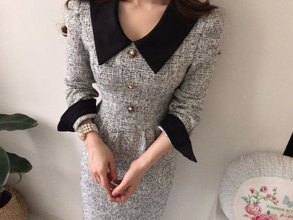 Long-Sleeve Contrast Collar Tweed Midi A-Line Dress