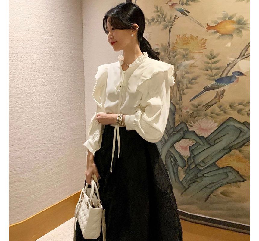 Puff-Sleeve Plain Ruffled Blouse / High Waist Midi A-Line Skirt