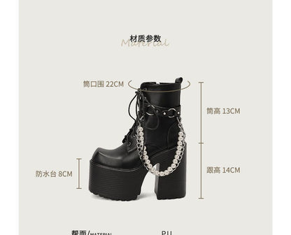 Platform Block Heel Faux Pearl Chain Lace Up Short Boots