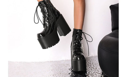 Platform Block Heel Faux Pearl Chain Lace Up Short Boots