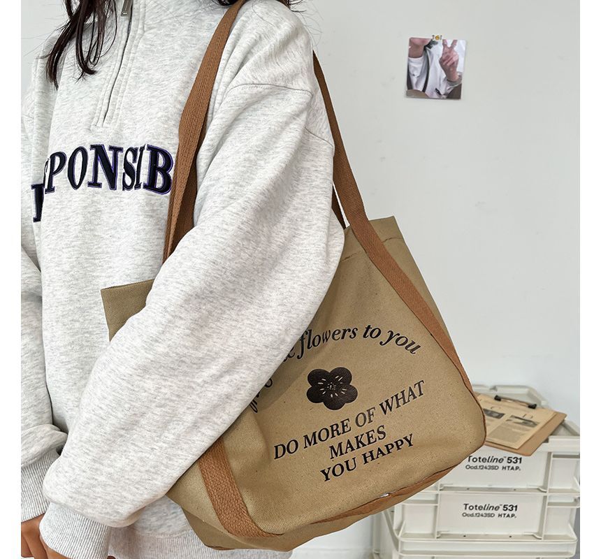 Two-Tone Flower Print Canvas Tote Bag