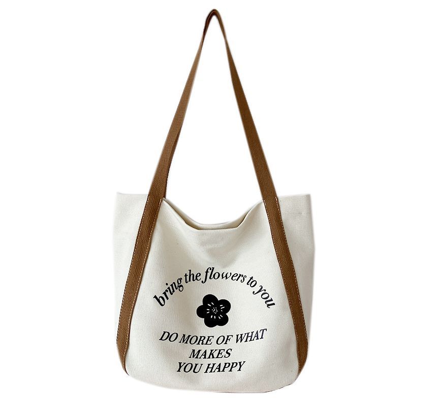 Two-Tone Flower Print Canvas Tote Bag