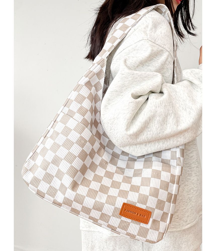 Checker Lettering Applique Corduroy Tote Bag