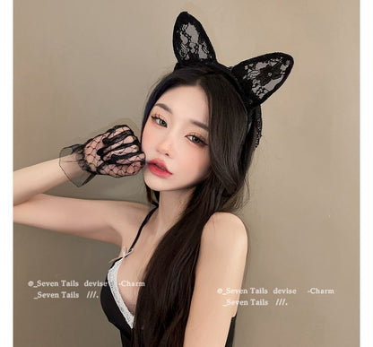 Cat Ear Lace Headband with Veil / Gloves / Set