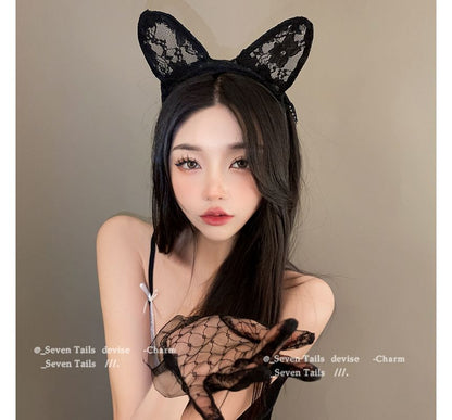 Cat Ear Lace Headband with Veil / Gloves / Set